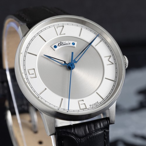 Błonie Polan 1 white silver dial / Men's watch on a black leather strap