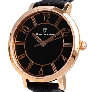 DaModa Vanita / women's watch with a black dial on a black leather strap / rose gold color
