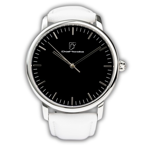 Zegarek damski DaModa SIMPLEMA czarna tarcza biały skórzany pasek + bransoleta mesh 38 mm